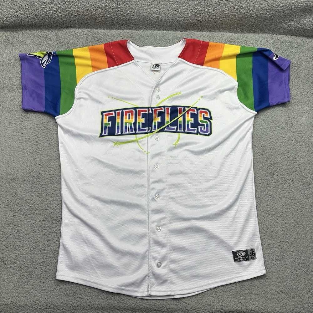 Columbia Fireflies MiLB Pride Night Mens Size 46 Rainbow 3 White Baseball Jersey